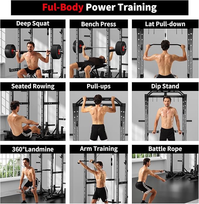 JEEKEE Power Cage,2000lbs Multi-Function Squat Rack, 2000lbs Power Rack with Cable Crossover System and 20+ Attachments