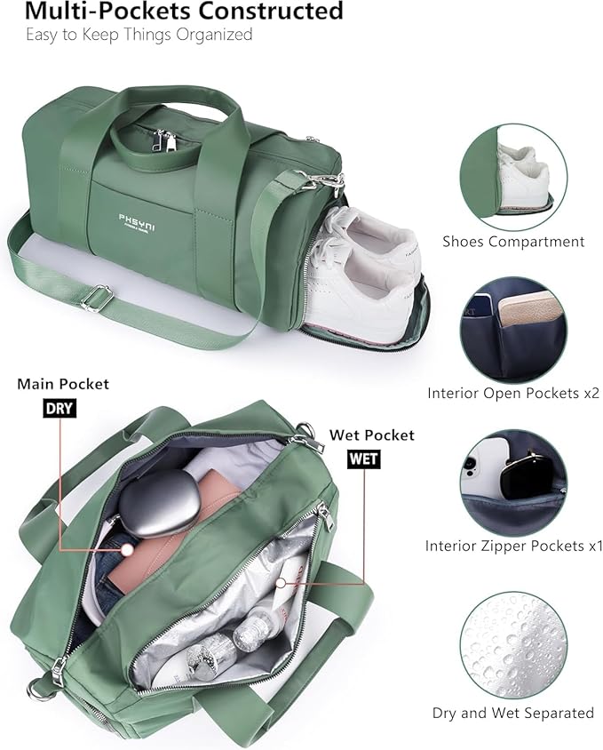 Compact Sports Gym Bag for Women, Cute Mini Duffle Bag with Wet Pocket & Shoes Compartment, Personal Item Travel Workout Bag, 16"-Small, Green