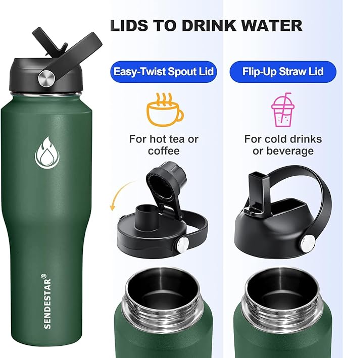 SENDESTAR 32oz Water Bottle Wide Mouth Stainless Steel Vacuum Insulated Double Wall with Straw Lids Fit in Any Car Cup Holder