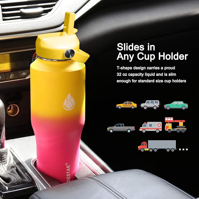 SENDESTAR 32oz Water Bottle Wide Mouth Stainless Steel Vacuum Insulated Double Wall with Straw Lids Fit in Any Car Cup Holder
