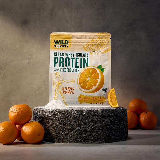 WILD SOCIETY - Clear Whey Protein + Electrolytes - Refreshing Whey Protein Isolate Powder - 20g Protein, 0 Added Sugar, GMO-Free, Natural Flavors & Colors - Citrus Punch, 16 oz