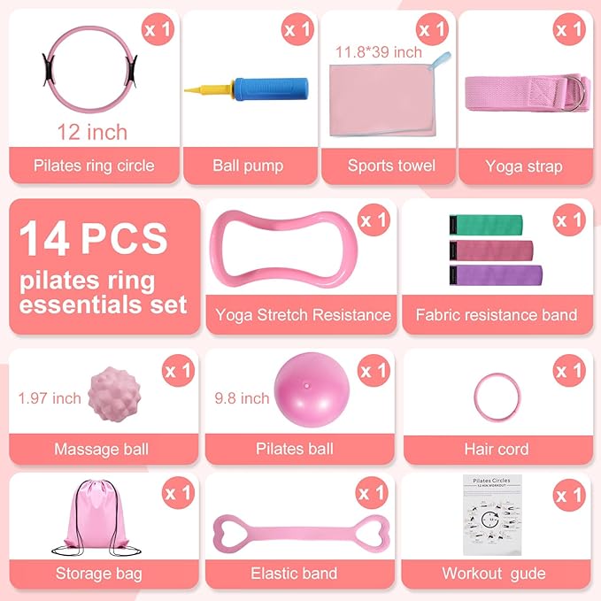 Pilates Ring Set with Resistance Bandsβ Anti-Slip Magic Circle Pilates Ring for Home Workouts, Full-Body Toning, Strength Training for Women 14PCS