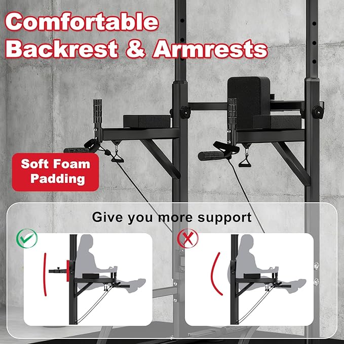 Power Tower Pull Up Bar Dip Station for Home Gym, Adjustable Height Strength Training Equipment with Resistance Bands and Grip Rope