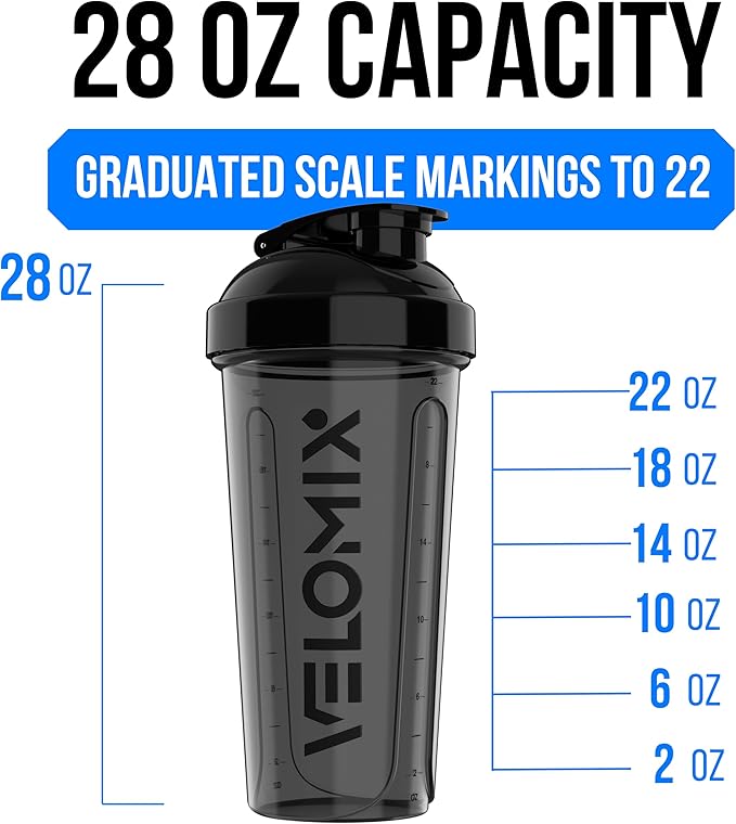 VELOMIX -2 Pack- 28 oz Protein Shaker Bottles for Protein Mixes - 2x Wire Whisk | Leak Proof Shaker Cups for Protein Shakes | Protein Shaker Bottle Pack (Black/Turquoise)