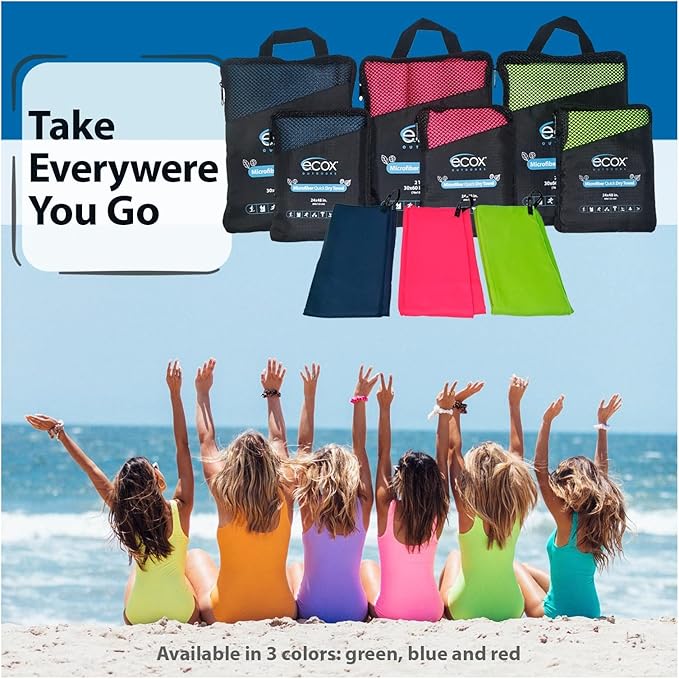 ecox Outdoors Microfiber Towel Fast Drying Soft Feel Fast Action Drying for Gym Beach Outdoors Travel Yoga Camping Compact Size 2 Piece Set 30x60 in and 12x24 in Green MFT2PG
