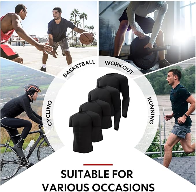 CL convallaria 4 Pack Compression Shirts Men Long Short Sleeve Cooling Dry Rash Guard Athletic Workout T Shirt for Sports
