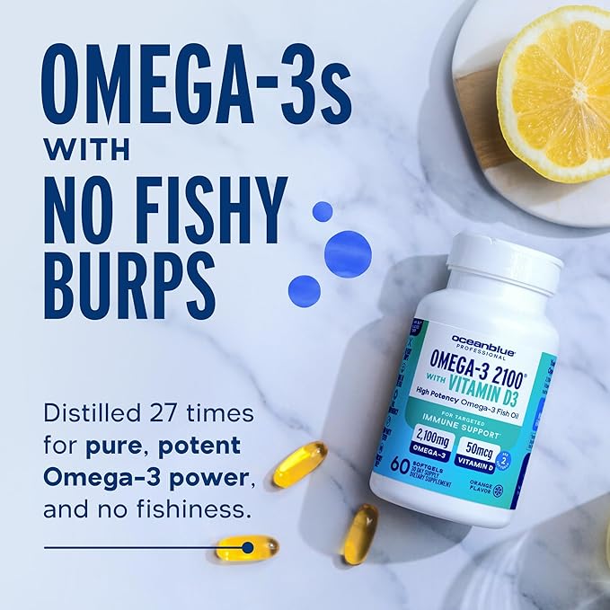 Oceanblue Professional Omega-3 2100 with Vitamin D3 – 120 ct - 2pack – Triple Strength Burpless Fish Oil Supplement with High-Potency EPA, DHA, DPA and Vitamin D3 – Wild-Caught – Orange Flavor