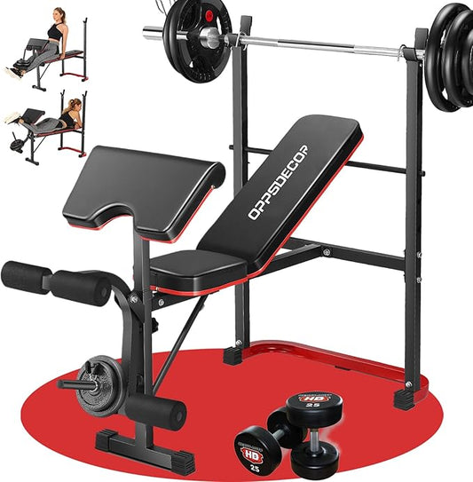 Standard Weight Bench Set with Leg Extension and Leg Curl, 660 LBS Adjustable Bench Press Set with Preacher Curl Pad, Flat Incline Workout Bench for Home Gym, Strength Training Machine for Teens