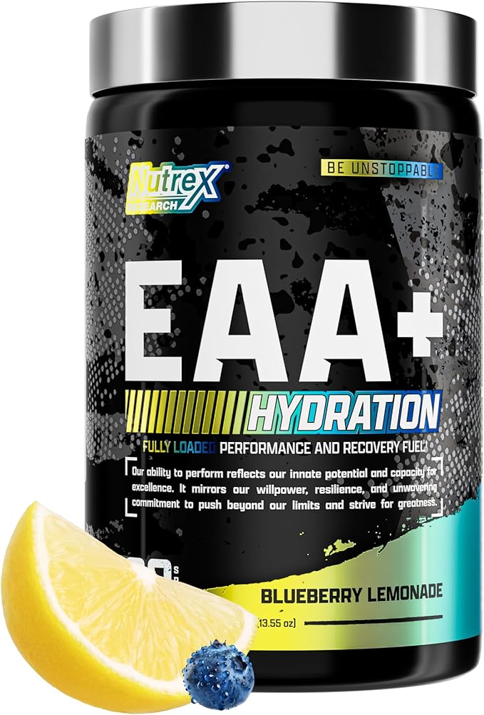 Nutrex Research EAA Hydration | EAAs + BCAA Powder | Muscle Recovery, Strength, Muscle Building, Endurance | 8G Essential Amino Acids + Electrolytes | Blueberry Lemonade 30 Servings
