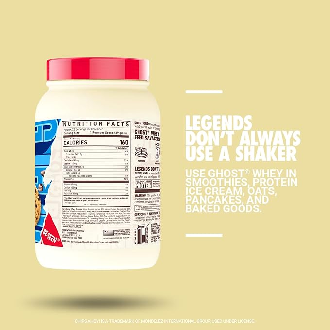 GHOST Whey Protein Powder, Chips Ahoy! - 2LB, 25G of Protein - Whey Protein Blend - Post Workout Fitness & Nutrition Shakes, Smoothies, Baking & Cooking - Cookie Pieces Inside