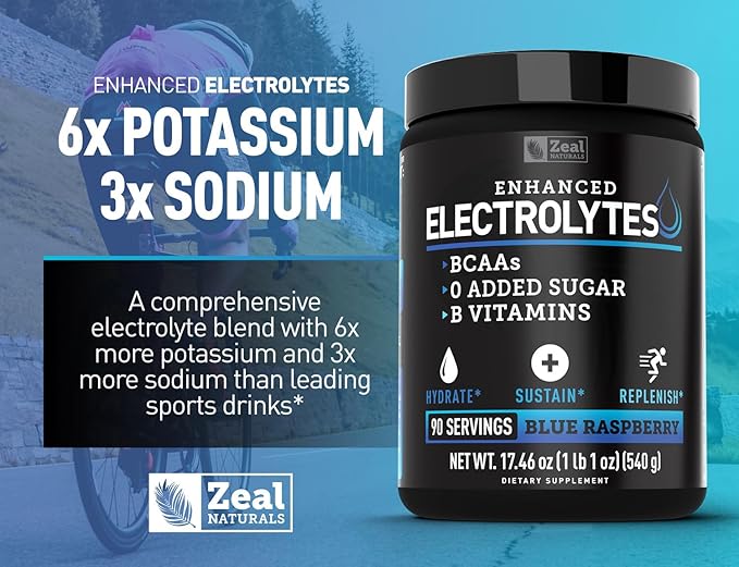 Zeal Naturals Electrolyte Powder Recovery Drink (90 Servings | Blue Raspberry) w 0 Sugar +BCAAs +B-Vitamins Electrolyte Supplement w Potassium Zinc & Magnesium for Hydration - Keto Electrolytes