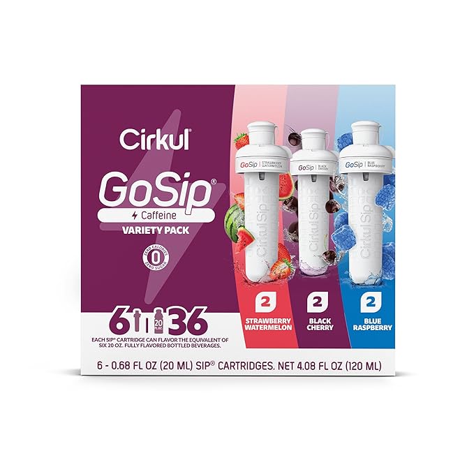Cirkul GoSip Caffeine Flavor Water Variety Pack, Makes 36 Drinks, No Sugar, Zero Calorie Drink Mix, (2 Blue Raspberry, 2 Black Cherry, 2 Strawberry Watermelon)
