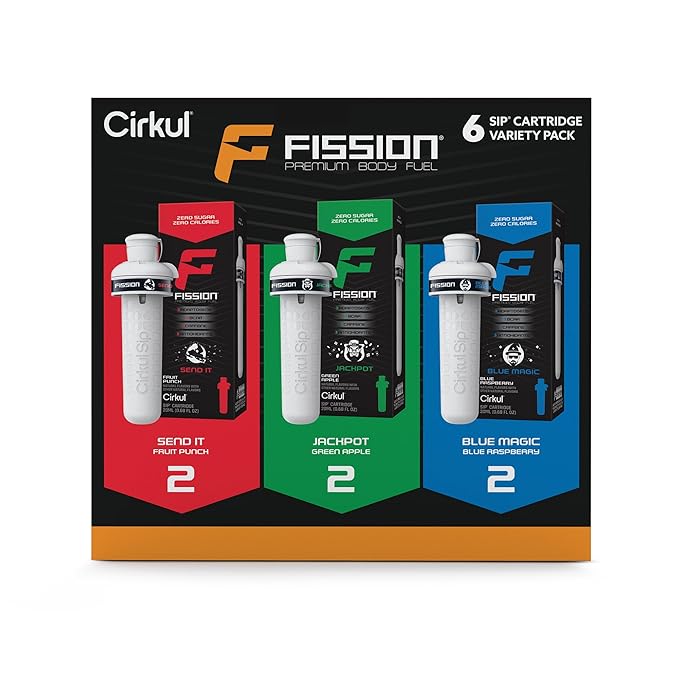 Cirkul Fission Caffeine Flavor Water Variety Pack, Makes 36 Drinks, No Sugar, Zero Calorie Drink Mix, (2 Send It, 2 Jackpot, 2 Blue Magic)