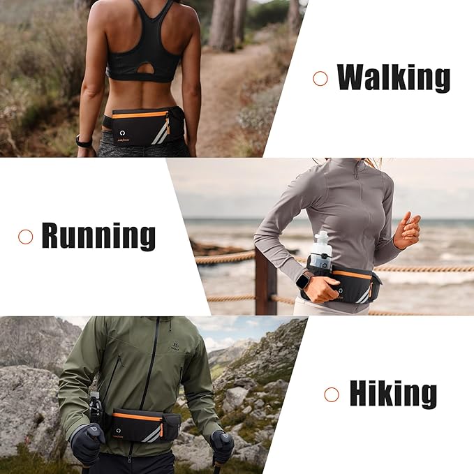 Running Belt with Water Bottle Holder: Detachable Bottle Pouch - Slim Running Belt - Large Capacity No Bounce for Walking(Bottles NOT Included)