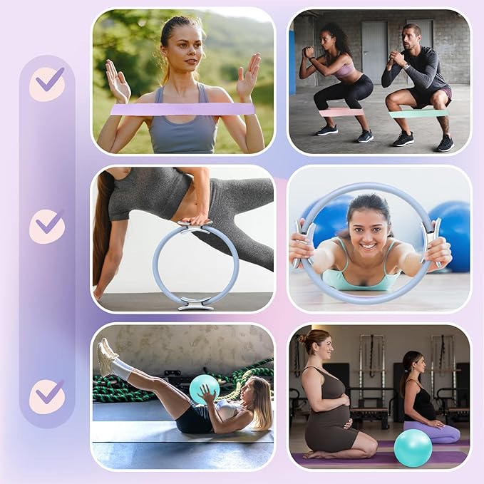 Pilates Ring Set: 14-Inch Magic Circle with Dual Padded Handles, Pilates Mini Ball, and Resistance Bands (15, 25, 35 lbs) for Strength, Flexibility, Stability, and Body Toning
