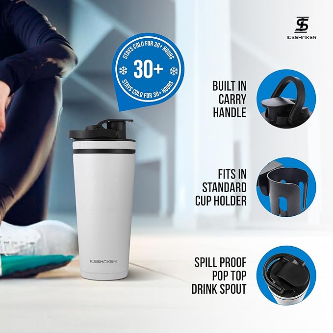 Ice Shaker Insulated Stainless Steel Shaker Bottle | 26oz, White | Cold for 30+ Hours | Insulated Cup with Twist-on Agitator | Odor-Free Bottle for Protein Shakes, Water, Smoothies, Cocktails
