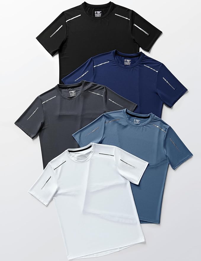 5 Pack Men’s Active Quick Dry Crew Neck T Shirts | Athletic Running Gym Workout Short Sleeve Tee Tops Bulk
