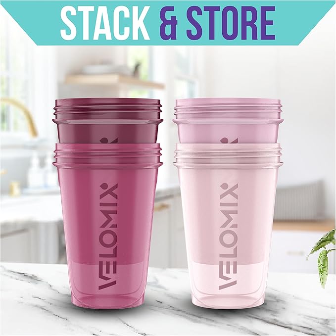 VELOMIX -4 PACK- 20 OZ Protein Shaker Bottles for Protein Mixes, Shaker Cups for Protein Shakes, Small Shaker Bottle Pack, Shaker Cup, Shakers for protein Shakes (Berry Blend)