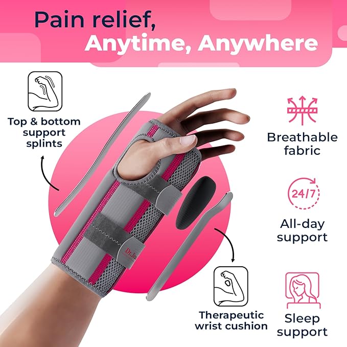 DR. BRACE Adjustable Wrist Brace Night Support for Carpal Tunnel, Doctor Developed, Upgraded with Double Splint & Therapeutic Cushion,Hand Brace for Pain Relief,Injuries,Sprains (L/XL Left Hand, Grey-Pink)