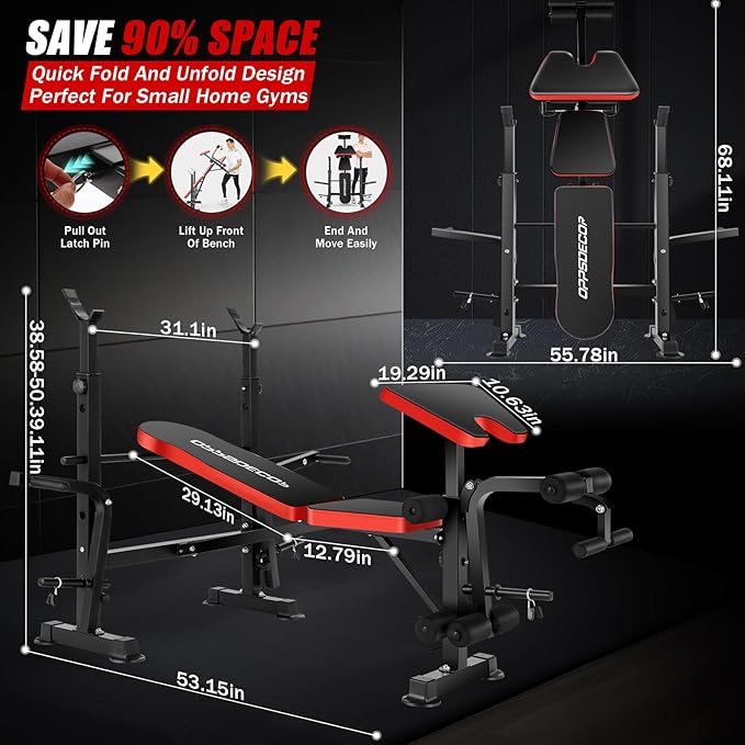 OPPSDECOR 6 in 1 660lbs Weight Bench with Leg Extension and Leg Curl, Foldable Bench Press Set and Squat Barbell Rack with Preacher Curl, Adjustable Workout Bench for Home Gym Strength Training PXZXYX1