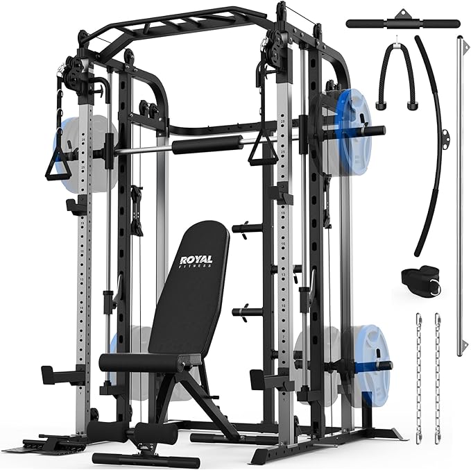 Smith Machine, Multifunctional Power Cage Rack with Smith Bar and Cable Pulley System, and LAT Pull Down Machine for Home Gym…