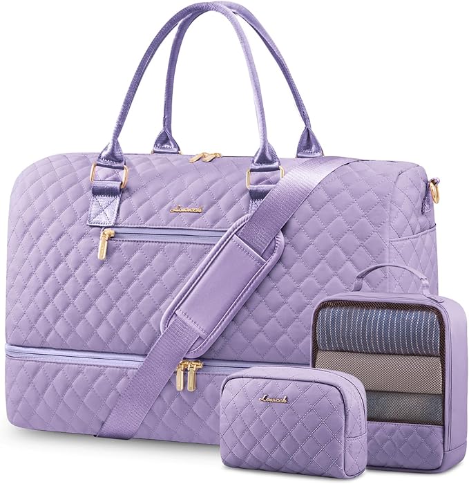 LOVEVOOK Travel Duffle Bag for Women, Weekender Overnight Bag with Shoe Compartment, Carry on Bag with Toiletry Bag, Gym Duffel Bag with Wet Pocket, Hospital Bags for Labor and Delivery 3 Pcs Set