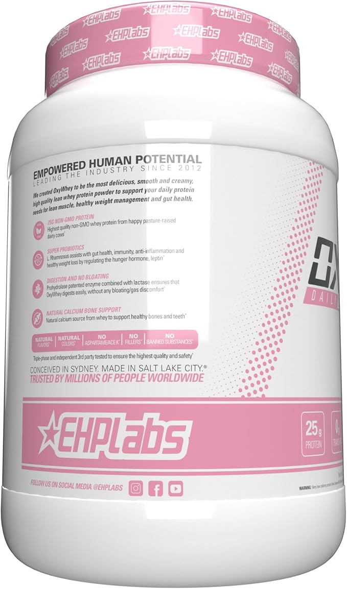EHP Labs OxyWhey Whey Protein Isolate – 25g High Protein, Low Carb, Sugar Free Meal Replacement – Lean Whey Powder for Muscle Recovery – Non-GMO, Gluten Free – 25 Serves – Strawb. Milkshake