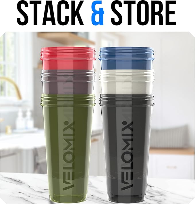 VELOMIX -6 PACK- Shaker Cups for Protein Shakes 28 oz - 6x Wire Whisk | Leak Proof Protein Shaker Bottle for Protein Shakes, Shaker Bottle Pack for Pre & Post Workout (Stealth Edition)