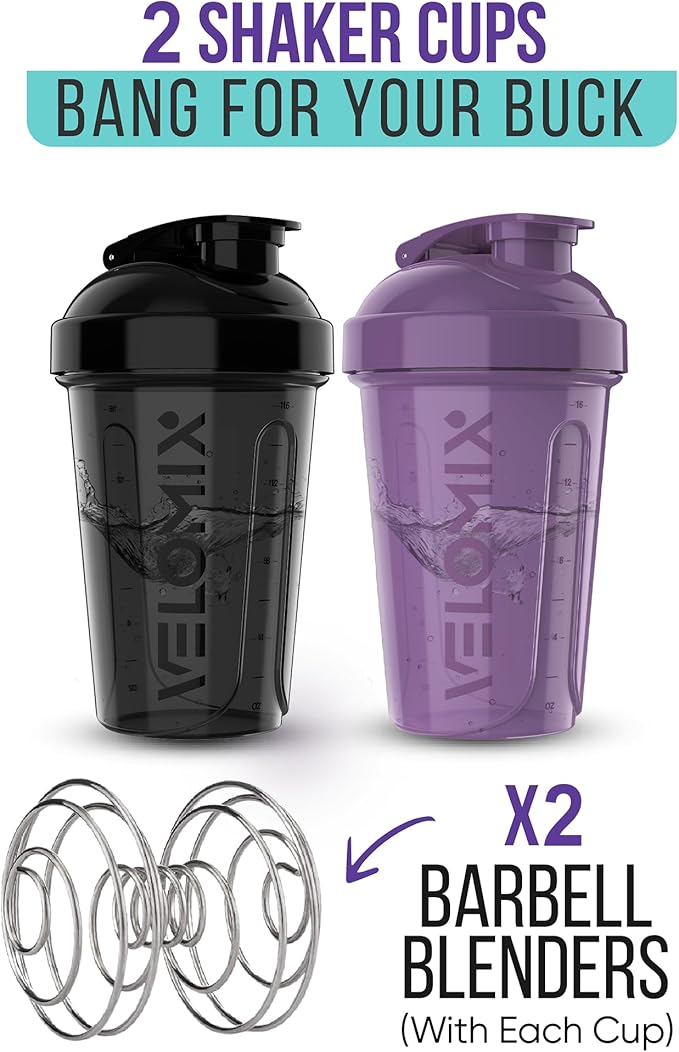 VELOMIX -2 Pack- 20 oz Protein Shaker Bottles for Protein Mixes - 2x Wire Whisk | Leak Proof Shaker Cups for Protein Shakes and Pre Workout | Protein Shaker Bottle Pack (Purple/Black)