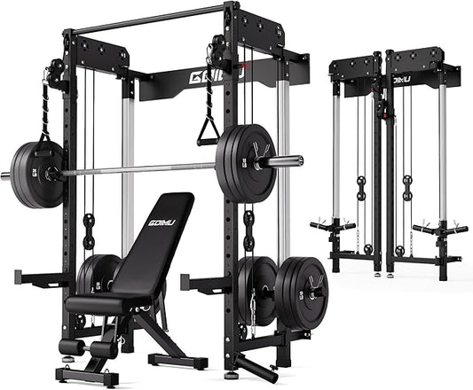 WM3-V4 Folding Squat Rack, Wall Mounted Power Rack with Dual Independent Pulley System, Functional Trainer with 5 Adjustable Function Modes for Space Saving