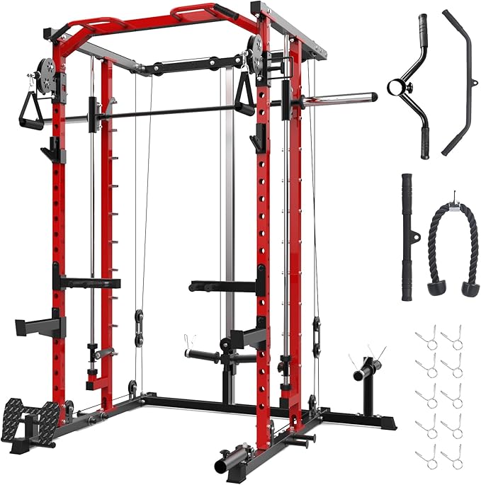 GarveeLife Power Cage, Smith Machine Squat Rack, Heavy Duty Power Rack for Home Gym with Pulley System, Dip Bar, LAT Pulldown, Multifunctional Squat Rack for Home Gym