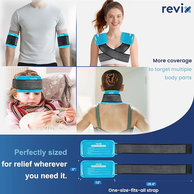 REVIX Ice Packs for Injuries Reusable, 2 Packs Hot & Cold Gel Ice Packs with PVC Cooling Design & Adjustable Strap, Flexible Therapy on Joints, Muscles, Shoulder, Back and Knee (10" x 5" Blue)
