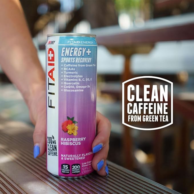 FITAID ENERGY, 200mg Natural Caffeine, Keto, Raspberry Hibiscus, Optimum Performance Formula: BCAAs, Quercetin, Electrolytes, Omega-3s, 15 calories, Paleo, Vegan & GlutenFree, 12 Fl Oz (Pack of 12)