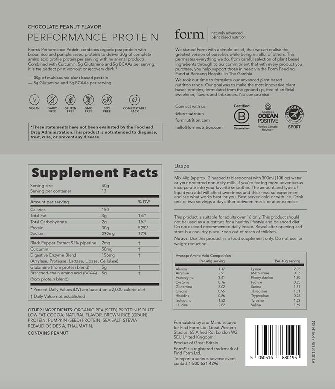 Form Performance Protein - Vegan Protein Powder - 30g of Plant Based Protein per Serving, with BCAAs. Perfect Post Workout. Tastes Great with Just Water! (Chocolate Peanut)