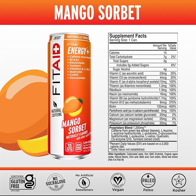 FITAID ENERGY, 200mg Natural Caffeine, Keto, Mango Sorbet, Optimum Performance Formula: BCAAs, Quercetin, Electrolytes, Omega-3s, 15 calories, Paleo, Vegan & Gluten-Free 12 Fl Oz (Pack of 12)