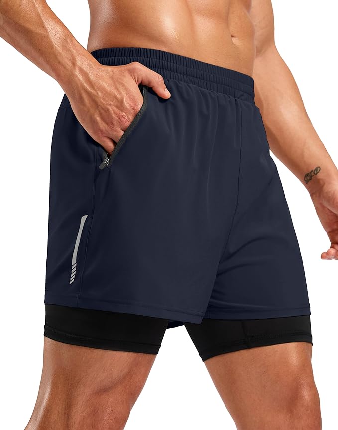 Pudolla Men's 7" Running Shorts with Zipper Pockets Quick Dry 2 in 1 Workout Gym Shorts with Liner for Tennis Yoga Training