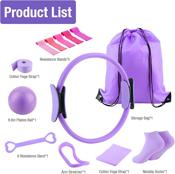 ASIEIT Home Pilates Kit for Women, Pilates Equipment with 5 Resistance Bands, 14'' Magic Circle, Pilates Ball and Ring Set, Pilates Essentials Kit for Home Toning, Strength and Flexibility