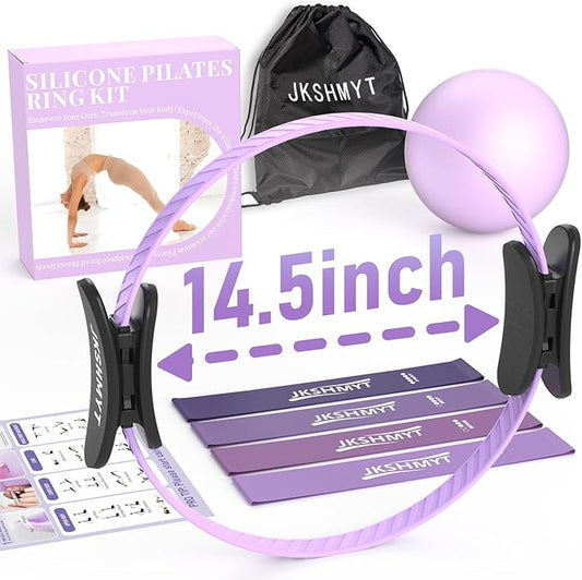 JKSHMYT Silicone Pilates Ring-14.5" Home Pilates kit with Padded Handles, Mini Ball, Resistance Bands, Guide & Bag, Better me Pilates Essentials Circle Set for Workouts Women