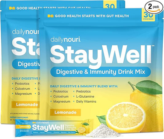 DAILYNOURI StayWell Digestive & Immunity Drink Mix | Supports Gut Health, Digestion, Immunity & Energy | Probiotics, Prebiotics, Colostrum & Daily Vitamins | 30 Stick Packs