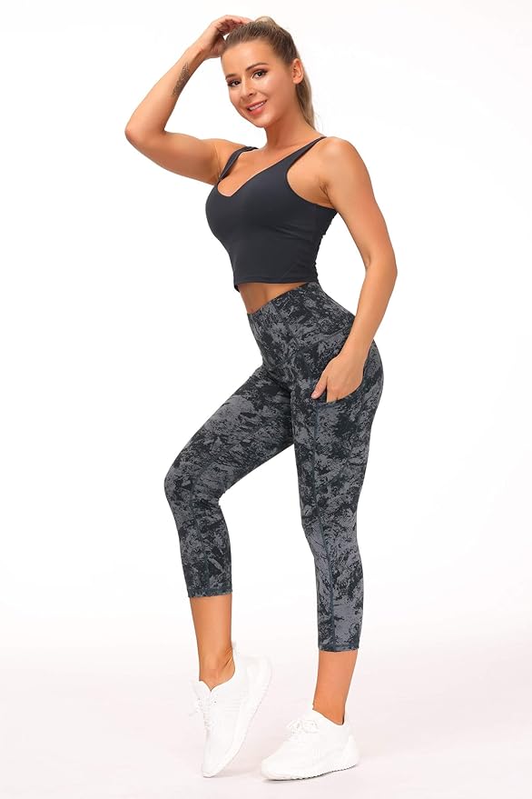 THE GYM PEOPLE Thick High Waist Capris Yoga Pants with Pockets, Tummy Control Workout Running Yoga Leggings for Women