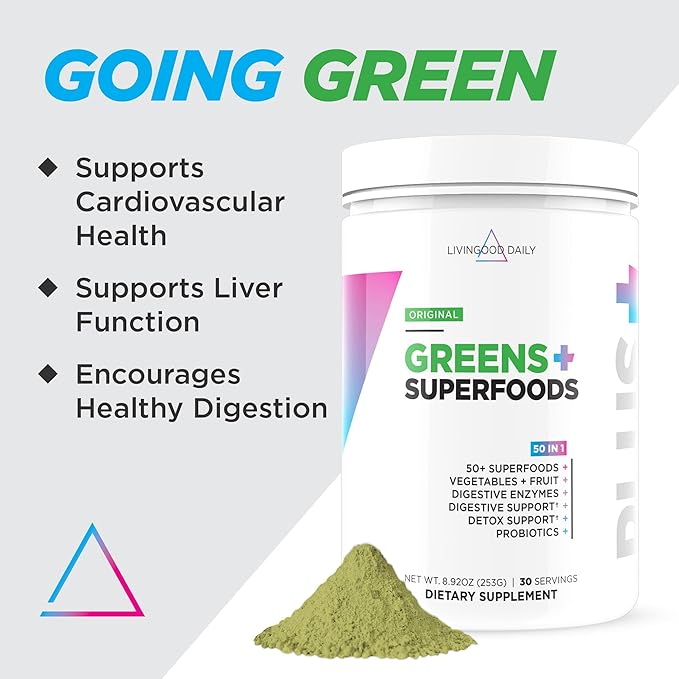 Livingood Daily Greens & Superfood Powder, Super Greens for Gut Health, Green Juice Powder with Spirulina, Chlorella, and Digestive Enzymes, Probiotics for Digestive Support, Original Flavor, 30 Srvgs