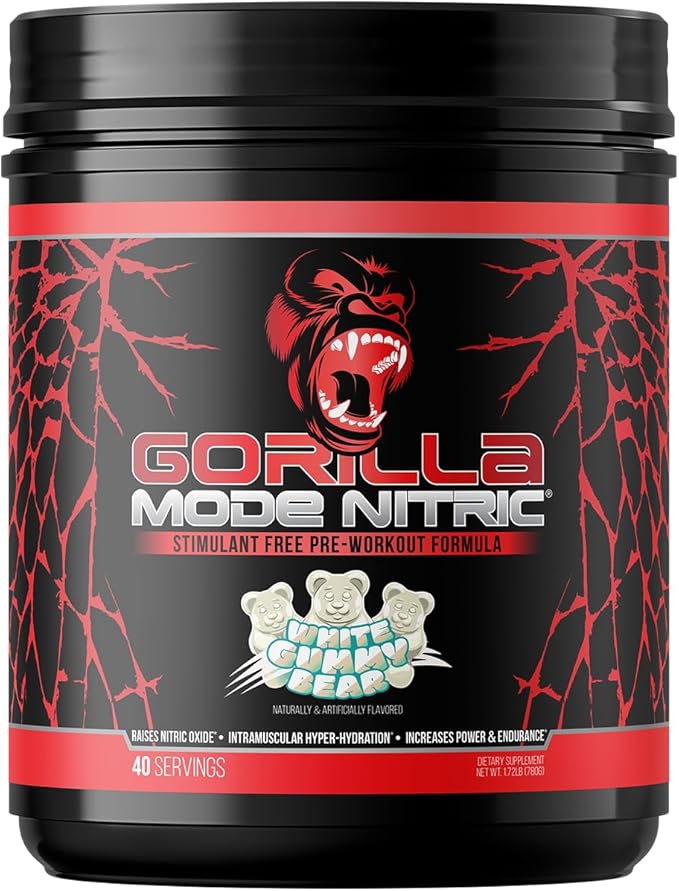 Gorilla Mode Nitric Upgraded Stimulant Free Pre-Workout – Best Tasting and Most Effective Stimulant Free Pre-Workout/Massive Pumps · Vasodilation · Power / 780 Grams (White Gummy Bear)