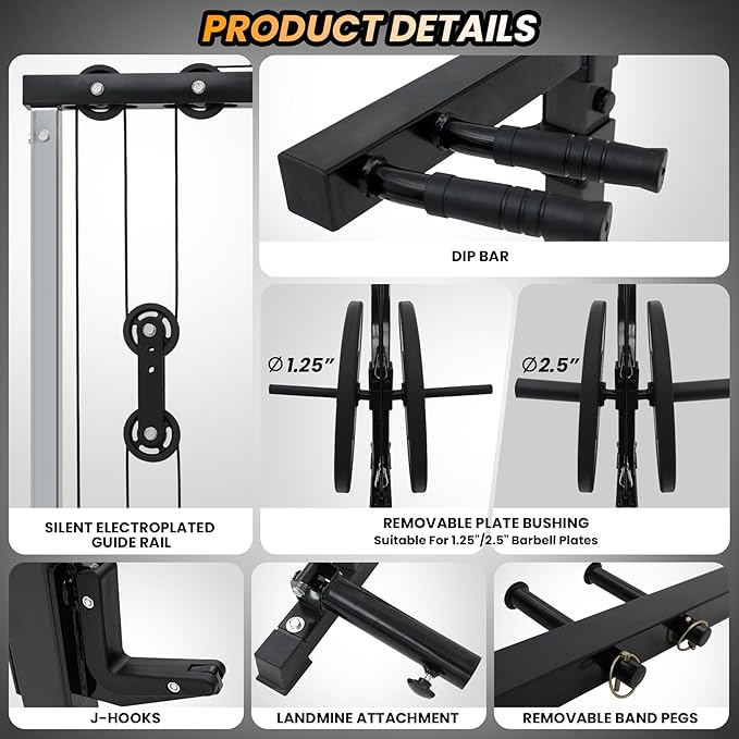 Power Cage with LAT Pulldown Machine - Squat Rack for Home Gym, Multi-Functional Weight Cage with Cable Pulley System, Dip Bars & Landmine Attachment