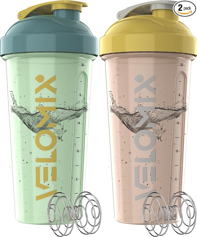 VELOMIX -2 Pack- 28 oz Protein Shaker Bottles for Protein Mixes - 2x Wire Whisk | Leak Proof Shaker Cups for Protein Shakes | Protein Shaker Bottle Pack | Shakers for Protein Shakes-Soft Combo