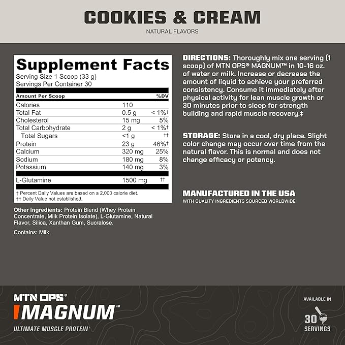 MTN OPS Magnum Cookies & Cream Protein Powder, 23g of Whey Isolate Protein & Milk Protein with BCAAs, Zero Sugar & Gluten Free, Cookies & Cream, 30-Serving Tub