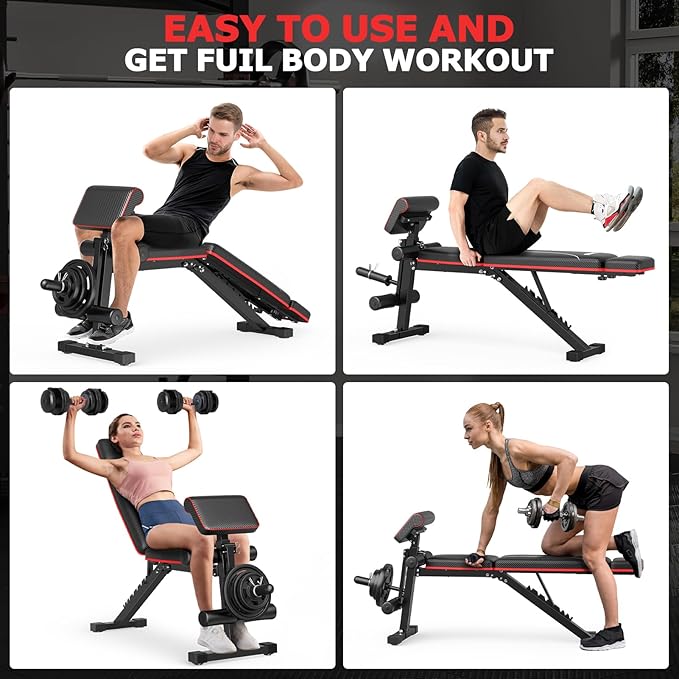 Fostoy Foldable Workout Bench Press, Adjustable Weight Bench for Home Gym, 800LB Multi Functional Gym Bench w/Leg Extension &Preacher Pad, Extra Headrest, Fast Folding Strength Training Incline Sit up Bench