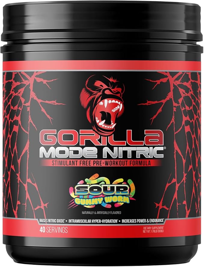 Gorilla Mode Nitric Upgraded Stimulant Free Pre-Workout – Best Tasting and Most Effective Stimulant Free Pre-Workout/Massive Pumps · Vasodilation · Power / 808 Grams (Sour Gummy Worms)