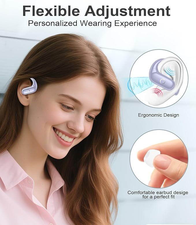 MOZOTER Wireless Earbuds Bluetooth Headphones Sport,Over Ear Buds with Deep Bass Sound,60Hrs Playtime Earphones Redesigned Comfort Fit with Earhooks for Running,Meeting,Workout- Purple