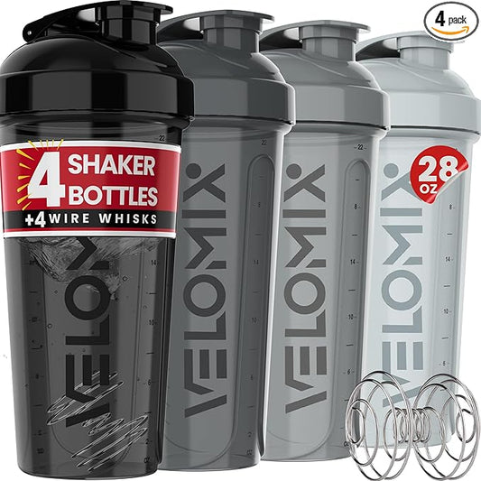 VELOMIX -4 Pack- 28 oz Protein Shaker Bottles for Protein Mixes - 4x Wire Whisk | Leak Proof Shaker Cups for Protein Shakes | Protein Shaker Bottle Pack (Silver Mix)