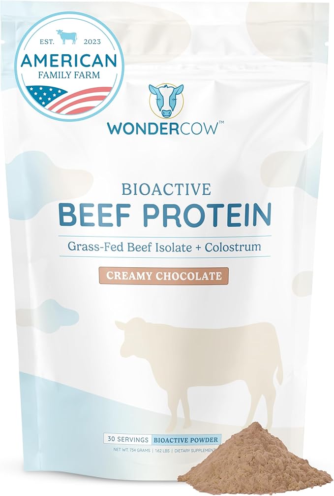 WONDERCOW Beef Protein Isolate Powder w/Bovine Colostrum Supplement | Clean, 100% Grass Fed, Carnivore, Keto Friendly | Gluten Free | Helps Build Lean Muscle | 20g of Protein, 30 Servings, Chocolate